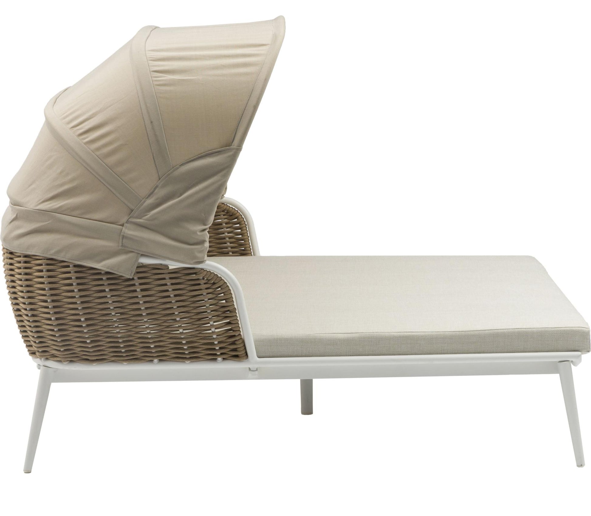 Daybed Irvine aluminio blanco cuerda taupe cojín beige top en textil beige claro.