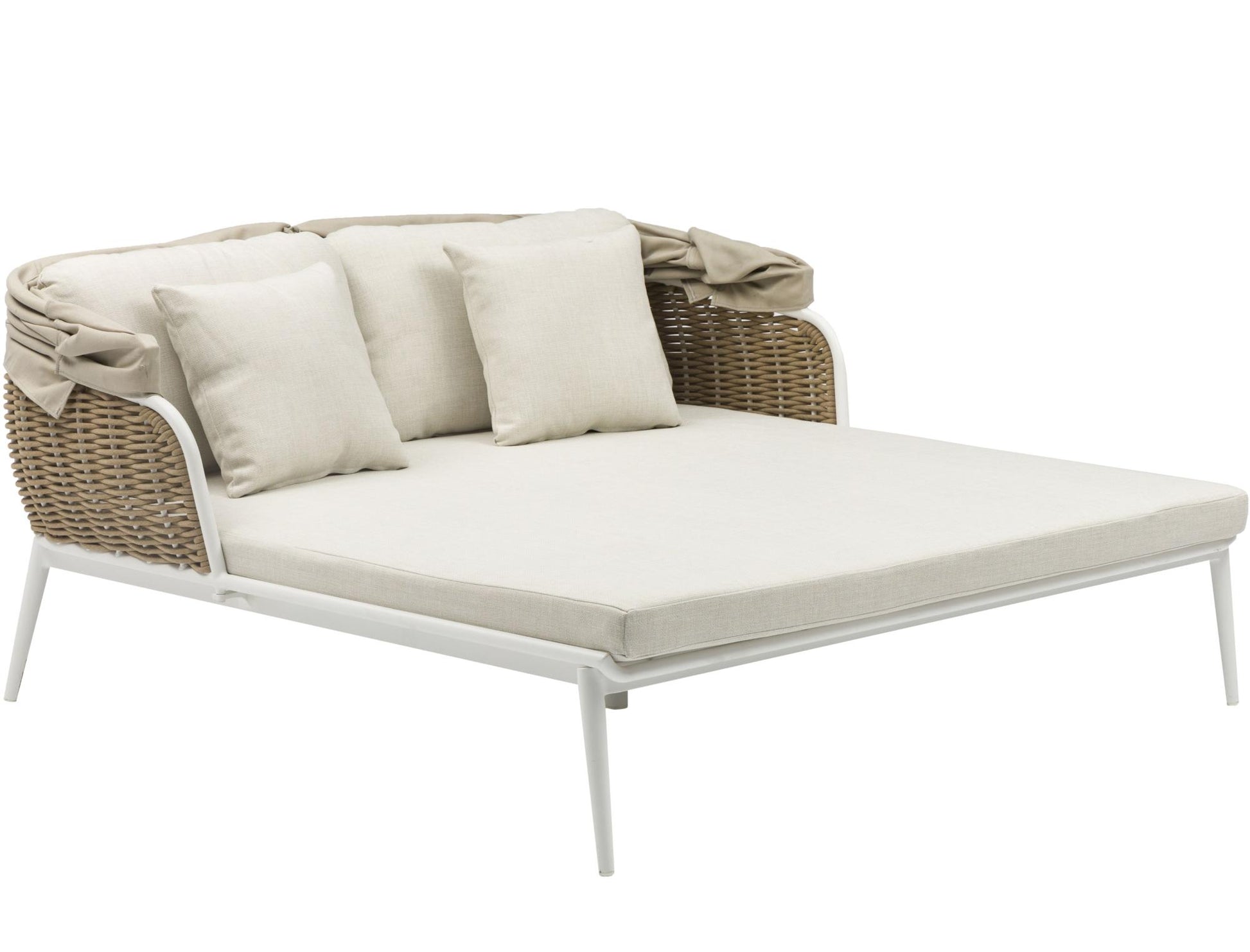 Daybed Irvine aluminio blanco cuerda taupe cojín beige top en textil beige claro.