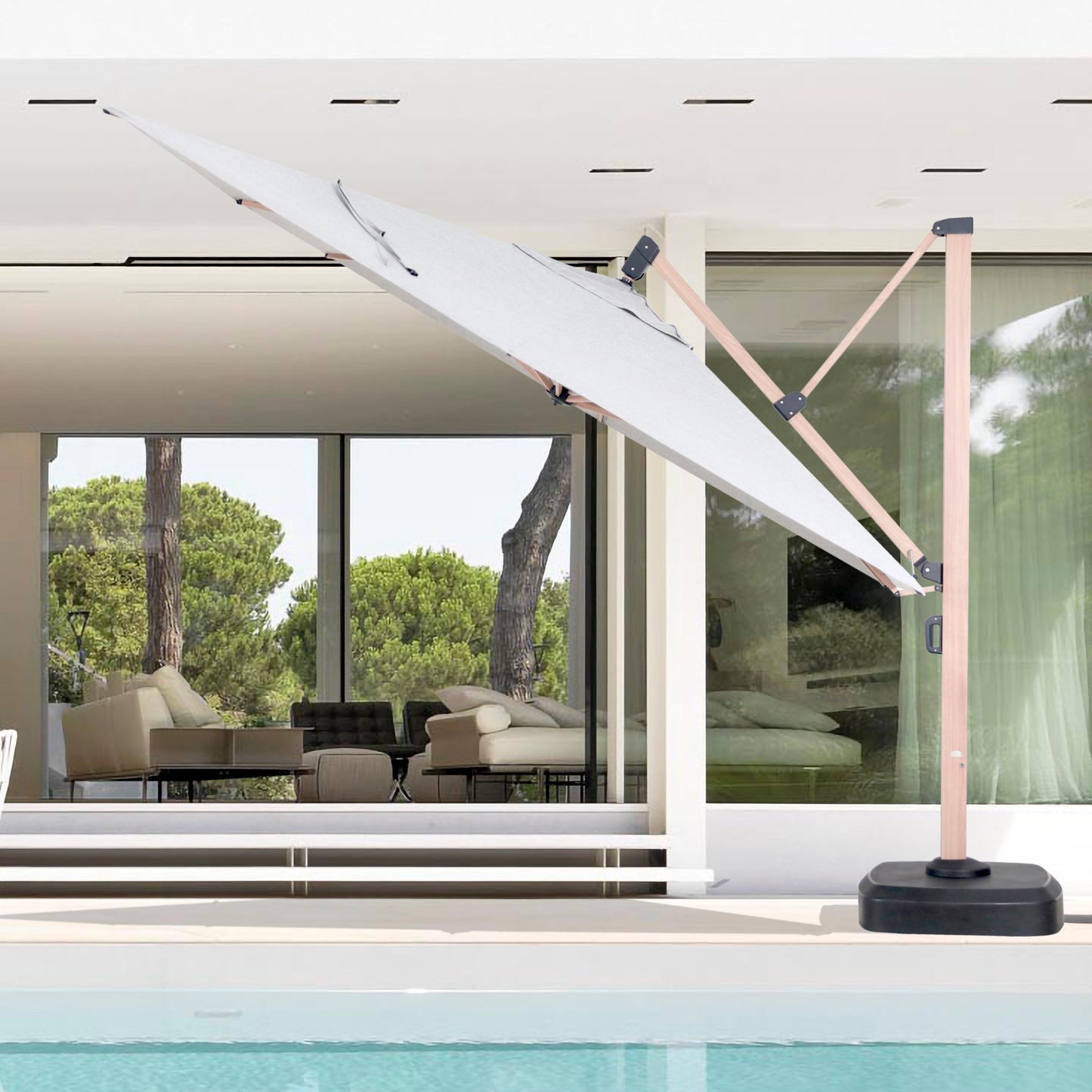 Sombrilla Mitras 350x350 cm pie lateral con base rellenable de 150 kg.