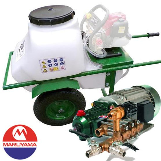 Carretilla sulfatadora Maruyama 100L motor Eléctrico Trifásico 40bar 30L. 2 ruedas
