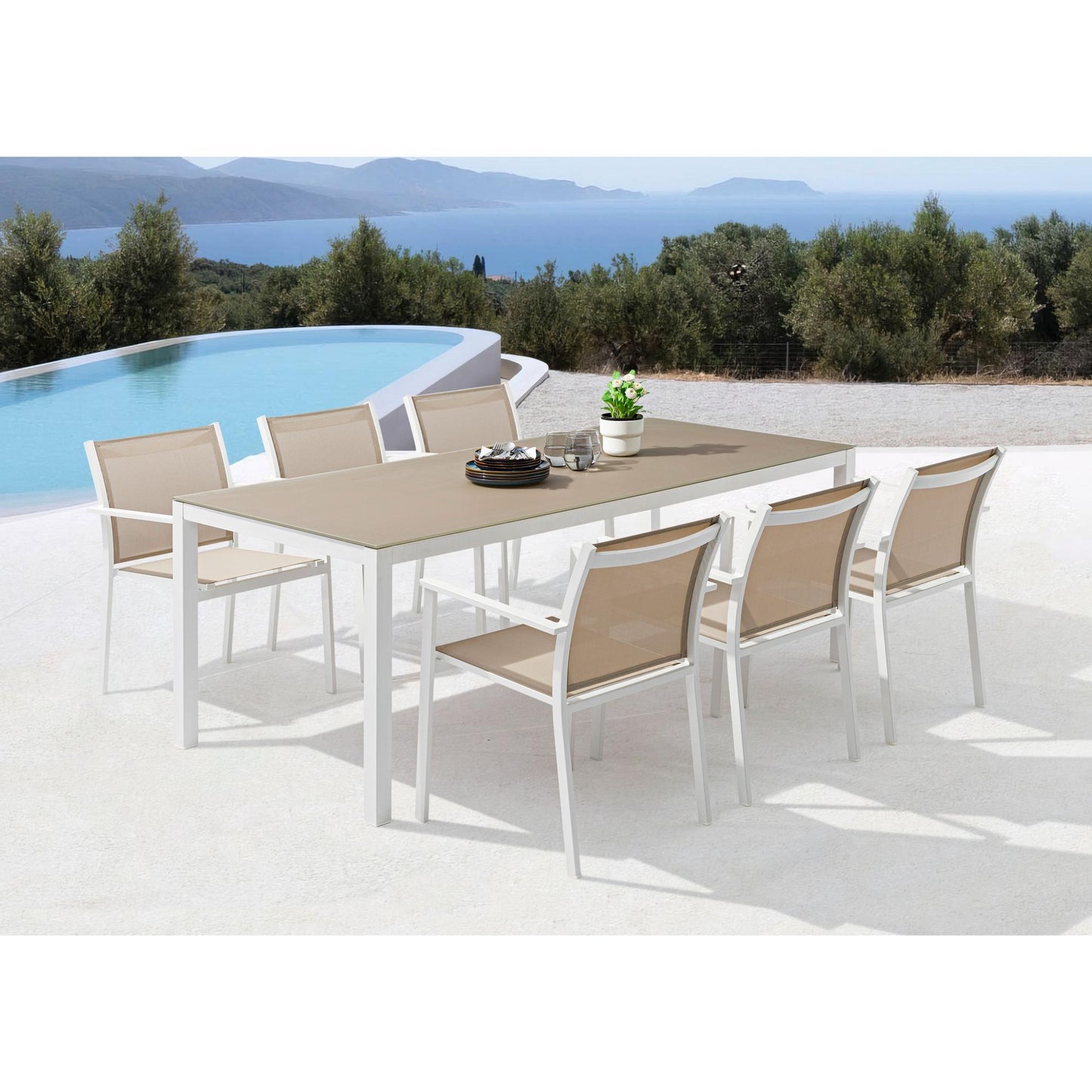 Mesa de comedor Adin 200*90 cm aluminio blanco cristal gris claro