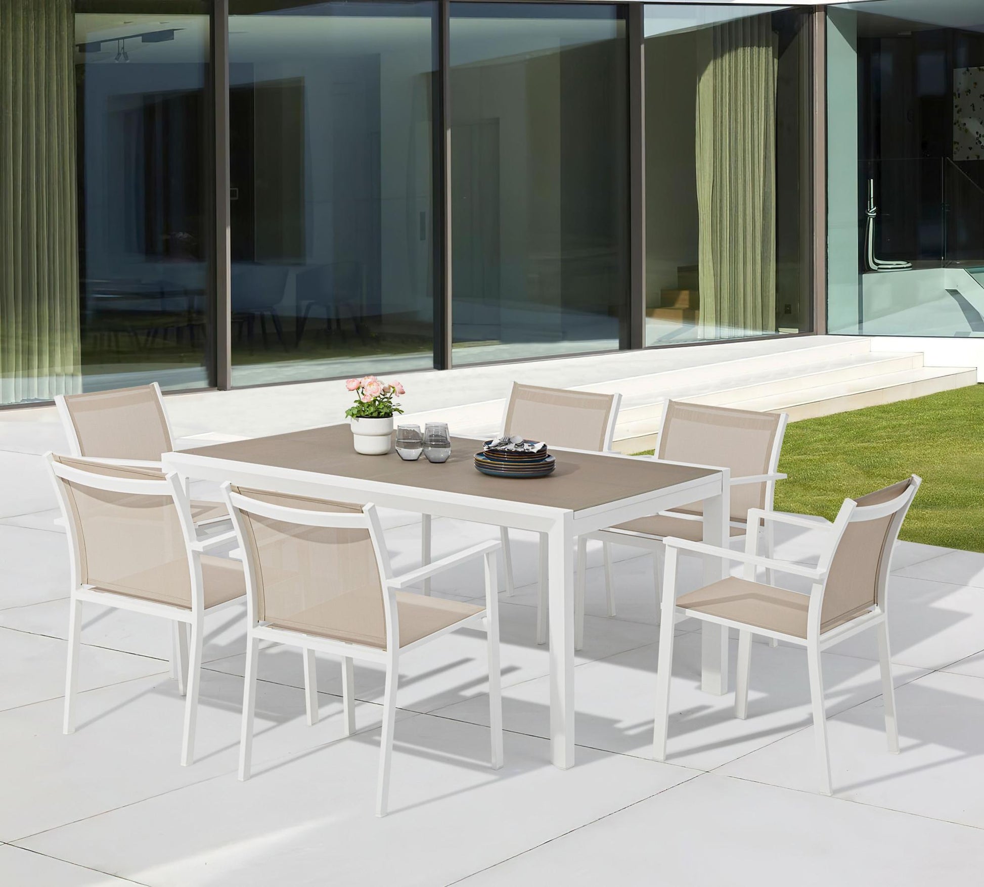Mesa extensible ORICK 100*150/225 cm aluminio blanco y cristal taupe