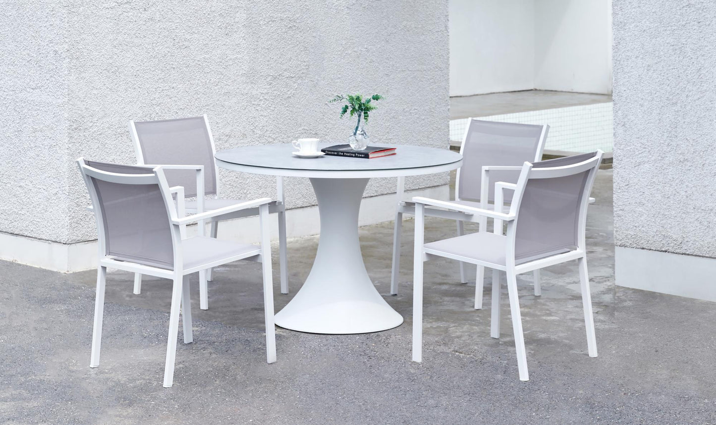 Silla de comedor Adin aluminio blanco y textilene gris claro