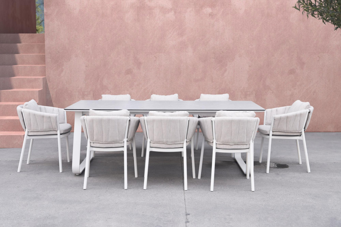 Mesa de comedor Babylon 220X100 cm aluminio blanco y cristal cerámico gris medio.