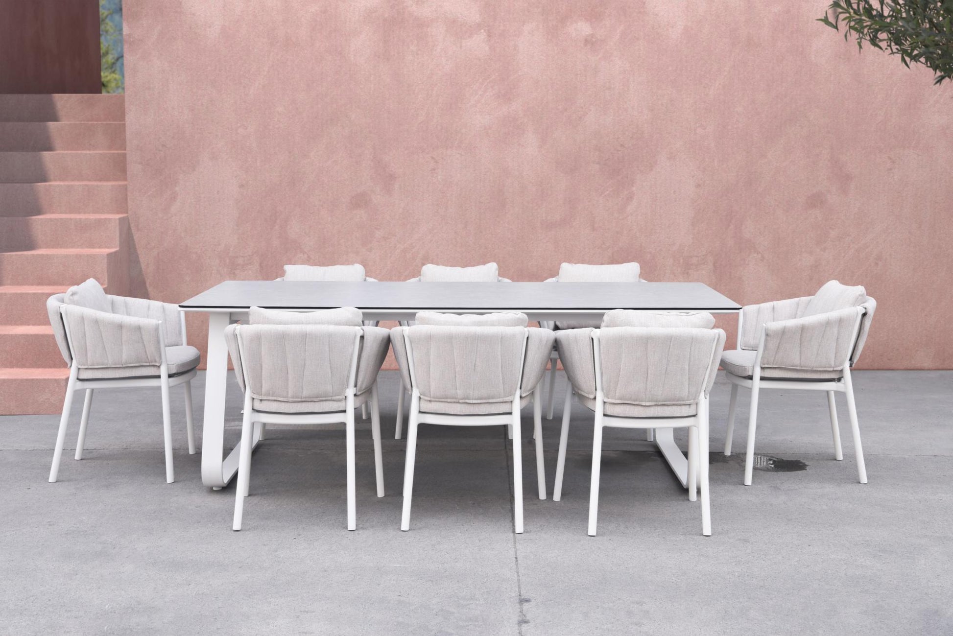 Mesa de comedor Babylon 220X100 cm aluminio blanco y cristal cerámico gris medio.