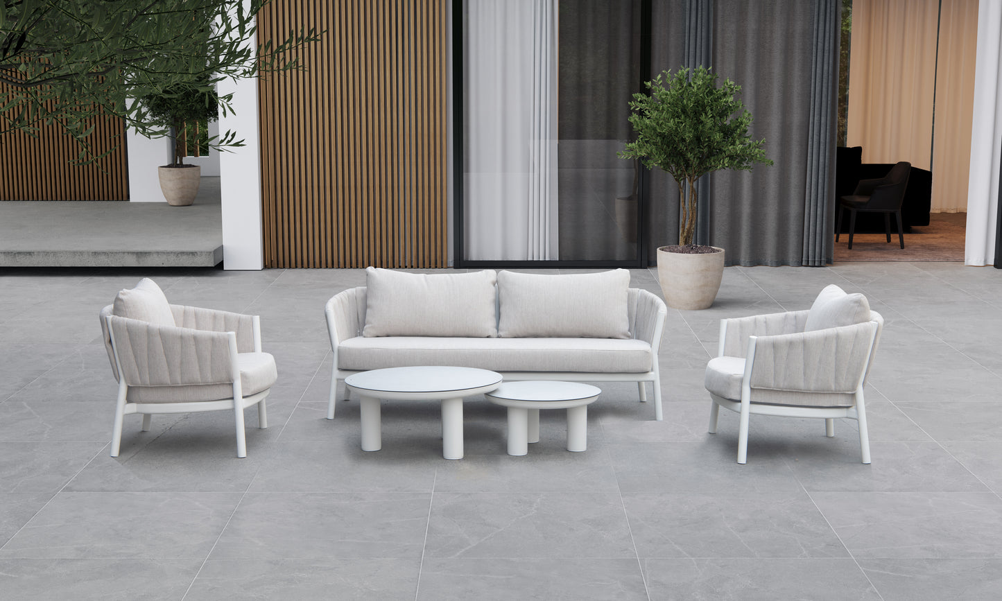 Sofá 3 plaza Attica aluminio blanco y textil gris claro