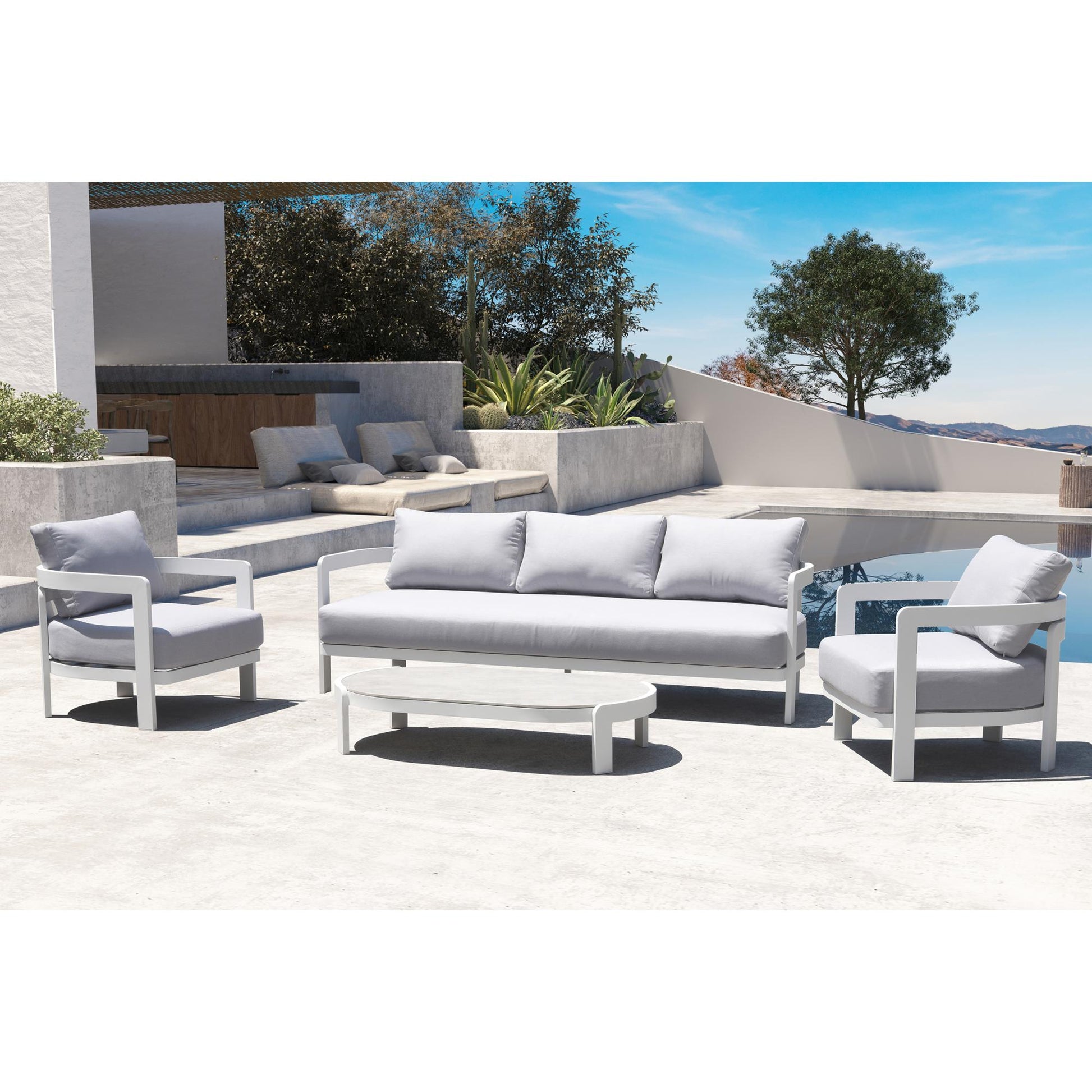 Sofá de 3 plazas Babylon aluminio blanco y textil gris medio