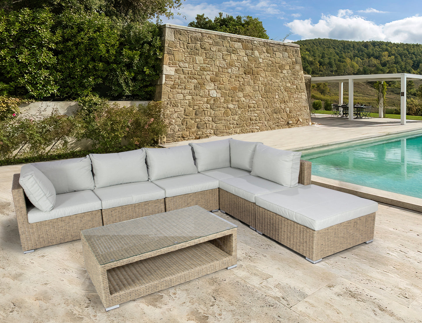 Mesa / Puf California aluminio y ratán sintético con cristal templado de 5 mm.