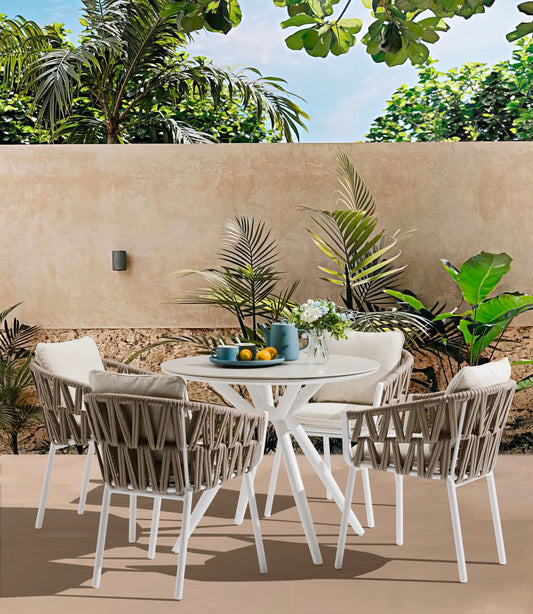 Mesa redonda Carson Ø 90cm aluminio blanco top mesa porcelánico gris.