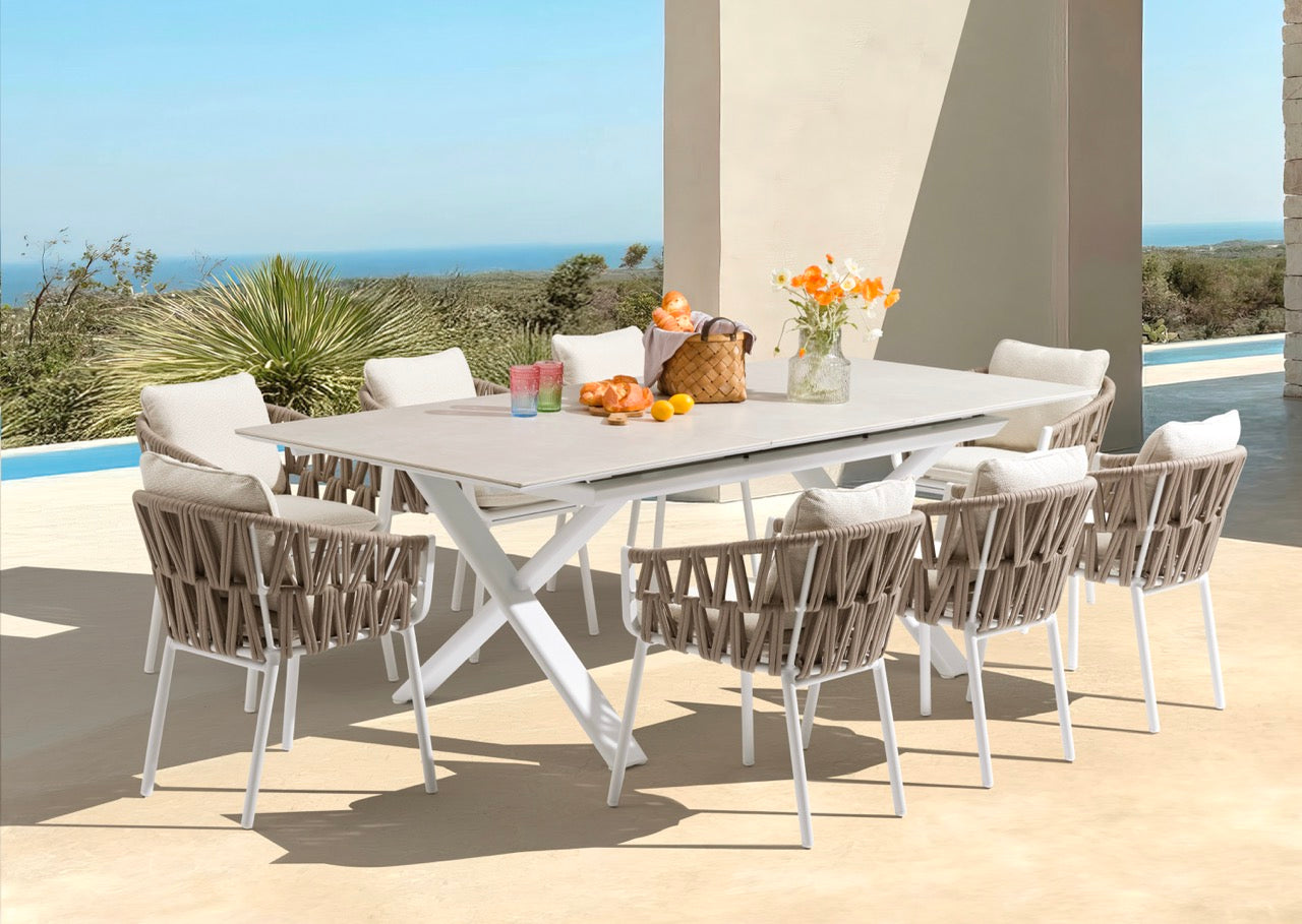 Mesa extensible Carson 100x180/240 cm aluminio blanco top mesa porcelánico gris