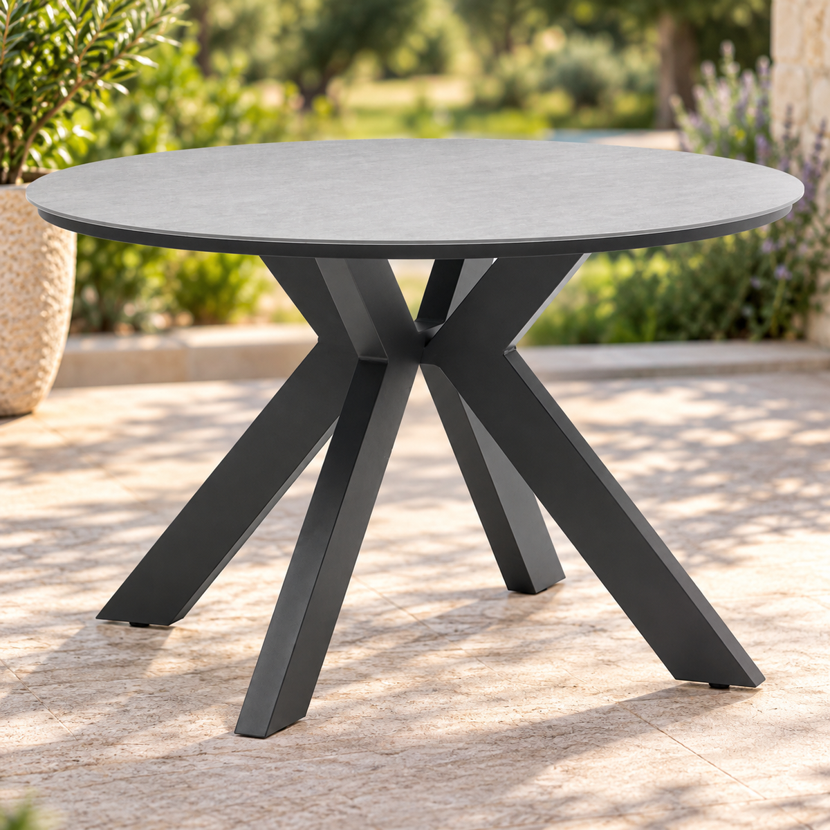 Mesa redonda Bais Ø 120x75 cm aluminio antracita y top mesa porcelánico gris medio