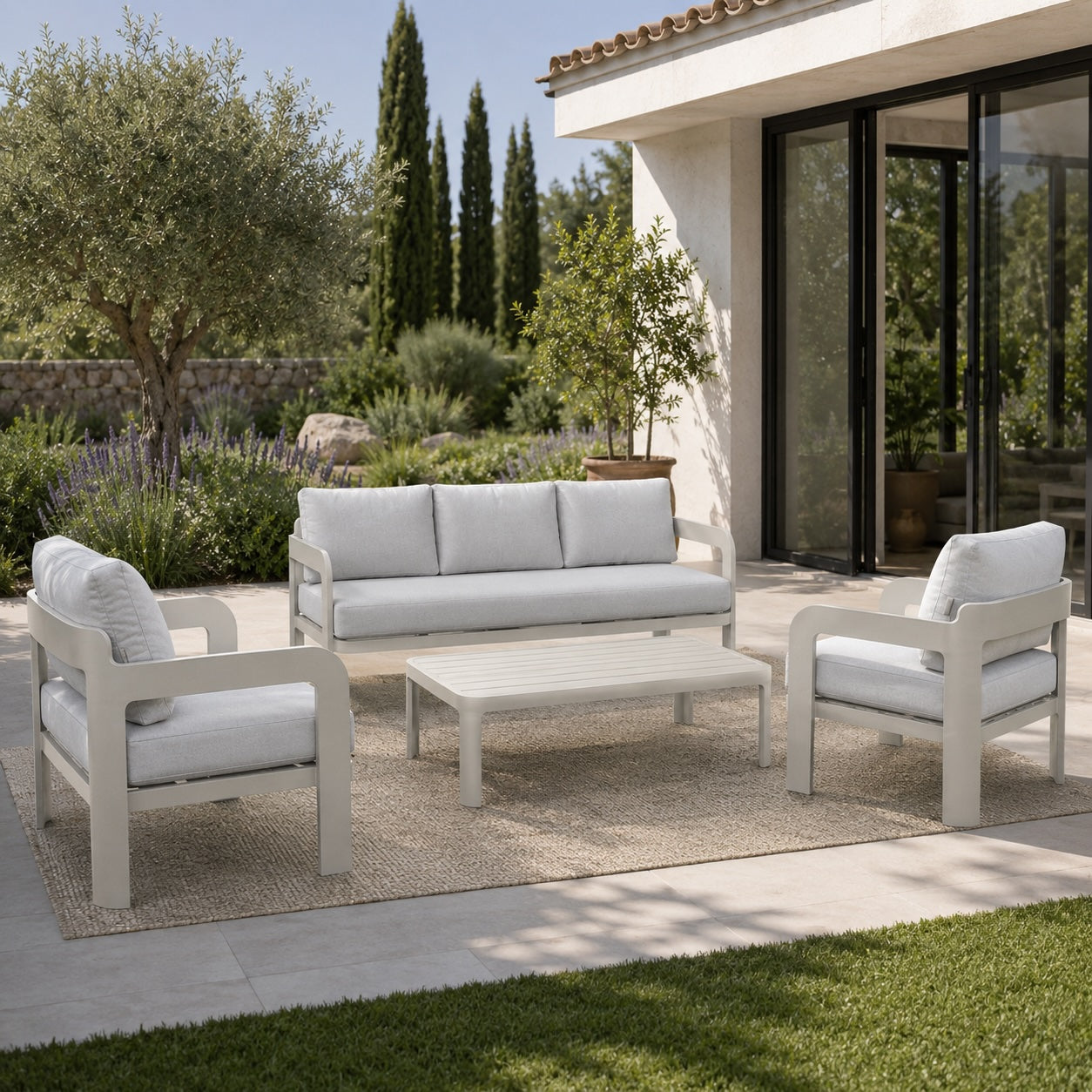 Conjunto Aluminio Sofá 3 Plazas + 2 Sillones + Mesa de centro