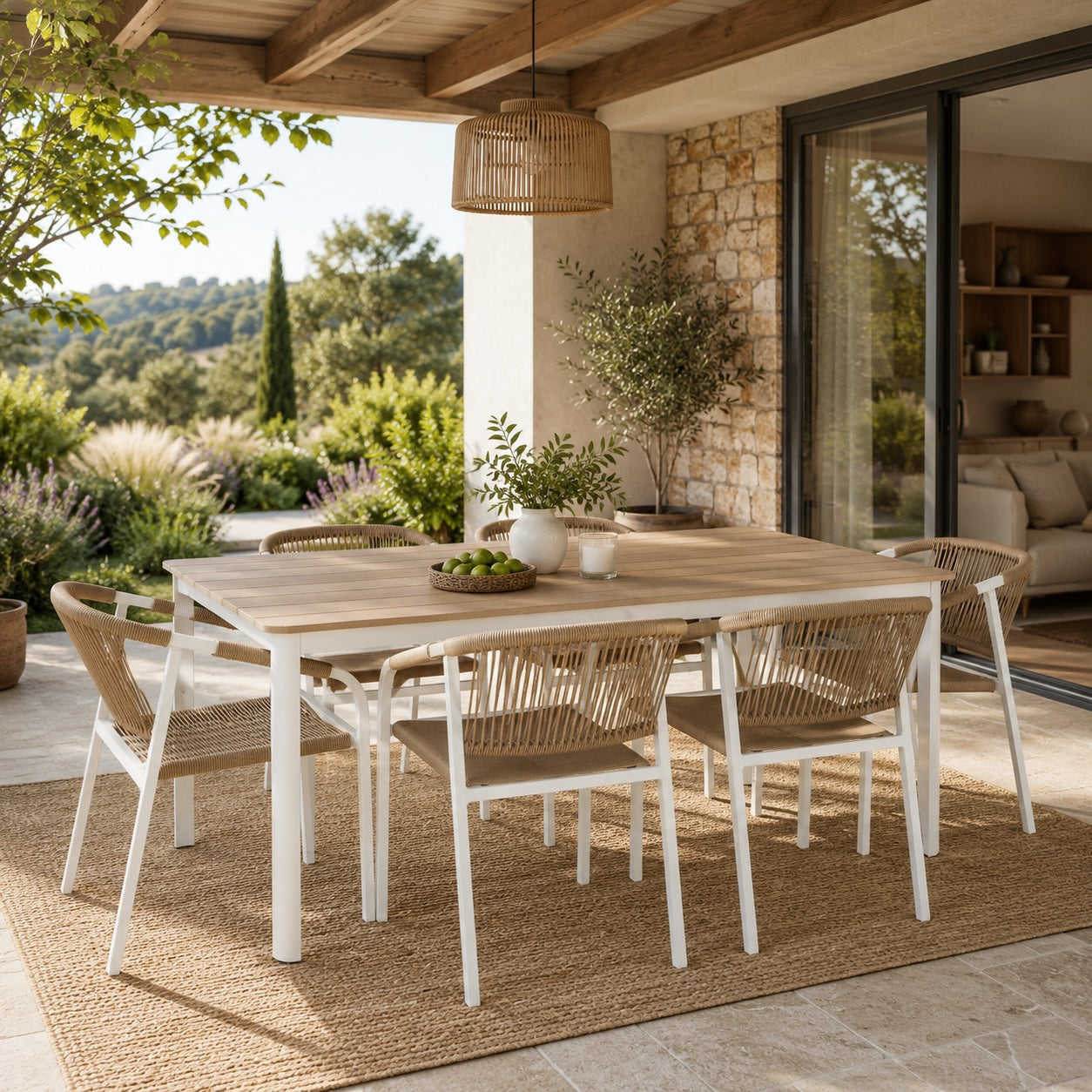Conjunto Comedor Aluminio y Cuerda de Resina Imitación Madera + 6 Sillas