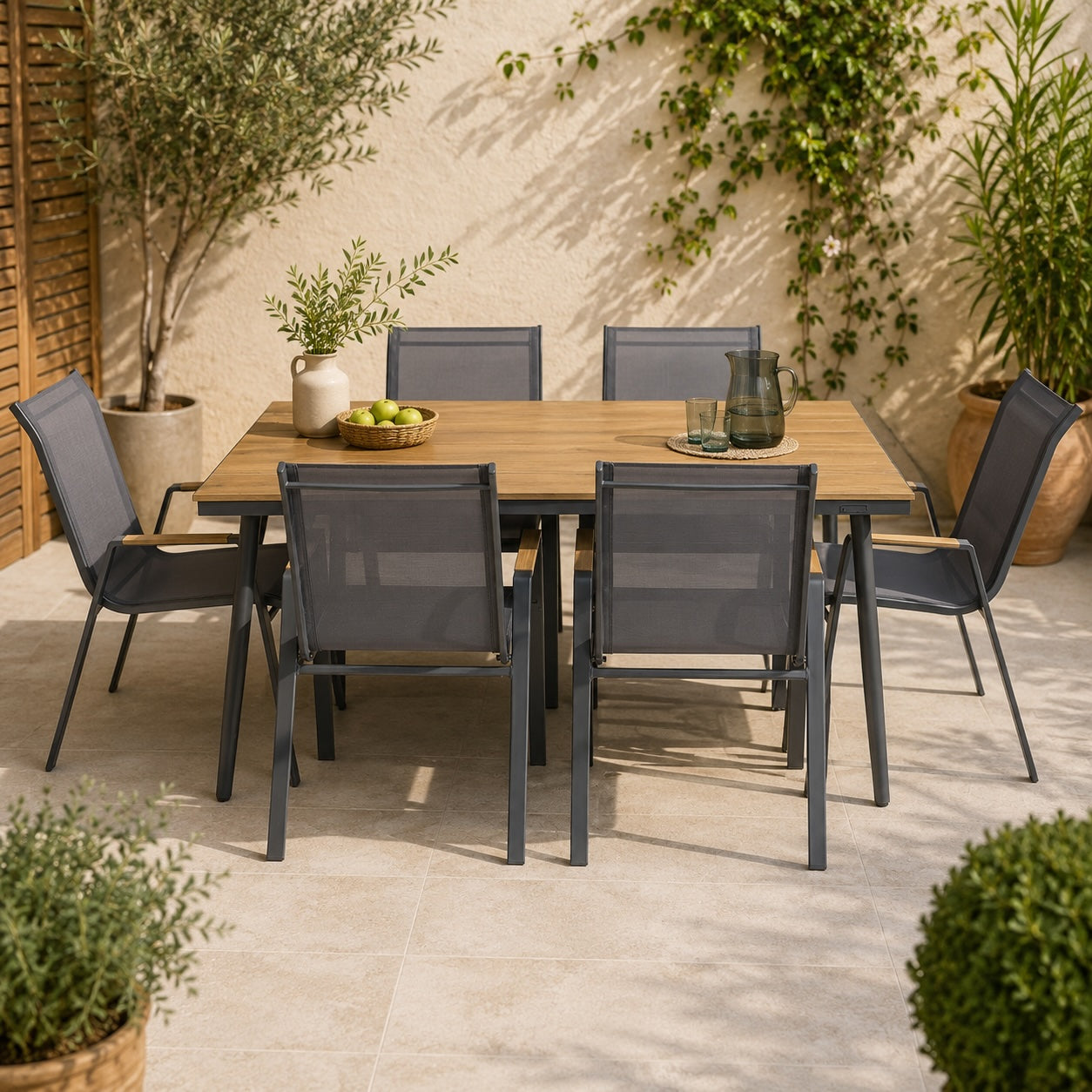 Conjunto Comedor Jardín Acero Mesa Polywood + 6 Sillas