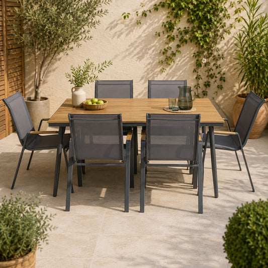 Conjunto Comedor Jardín Acero Mesa Polywood + 6 Sillas