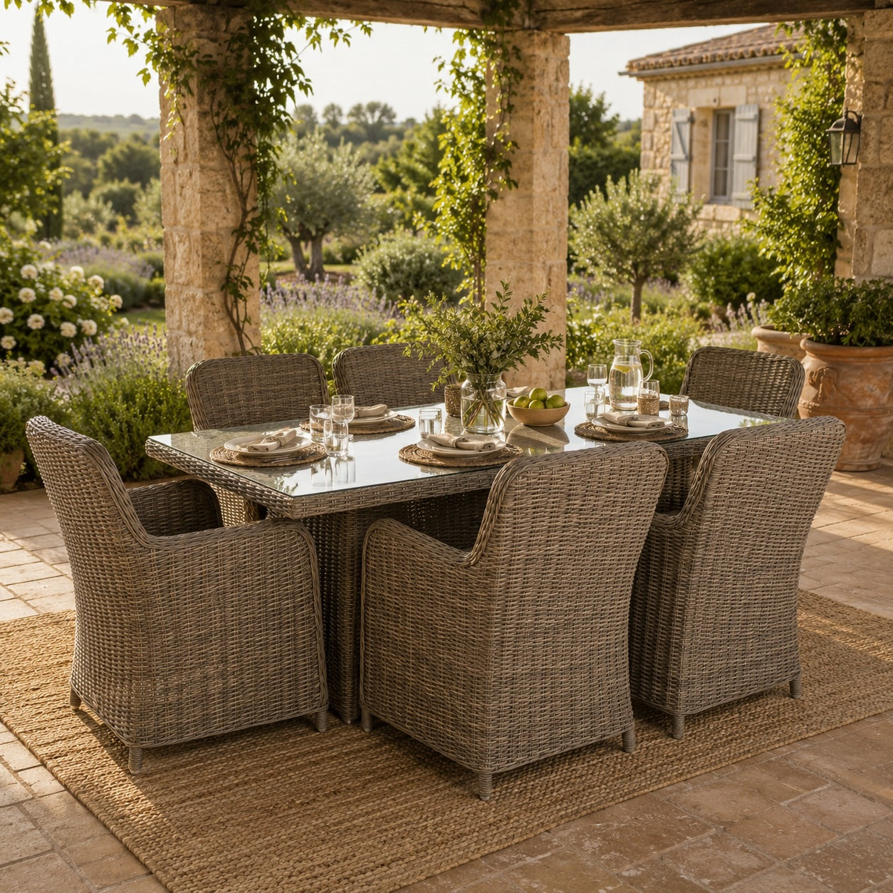 Conjunto Comedor Jardín Fibra Sintética Mesa + 6 Sillones
