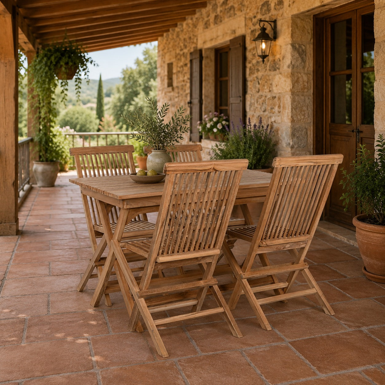 Conjunto Comedor Jardín Plegable Teca Grado A Mesa 120x70 cm + 4 Sillas