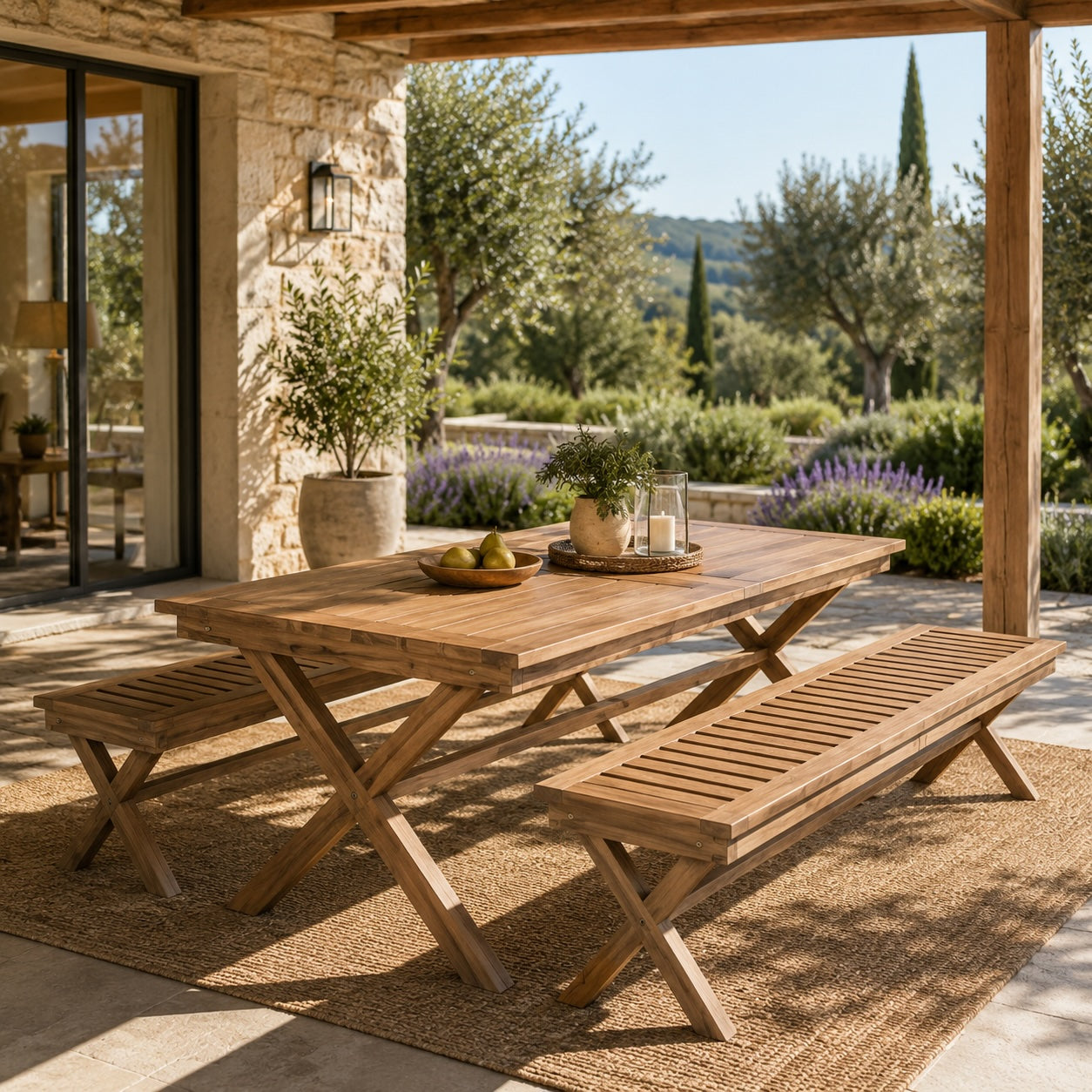 Conjunto Comedor Jardín Teca Grado A Mesa Fija 200x100 cm + 2 Bancos