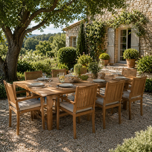 Conjunto Comedor de Jardín Teca Mesa Extensible 210-310 cm + 8 Sillas
