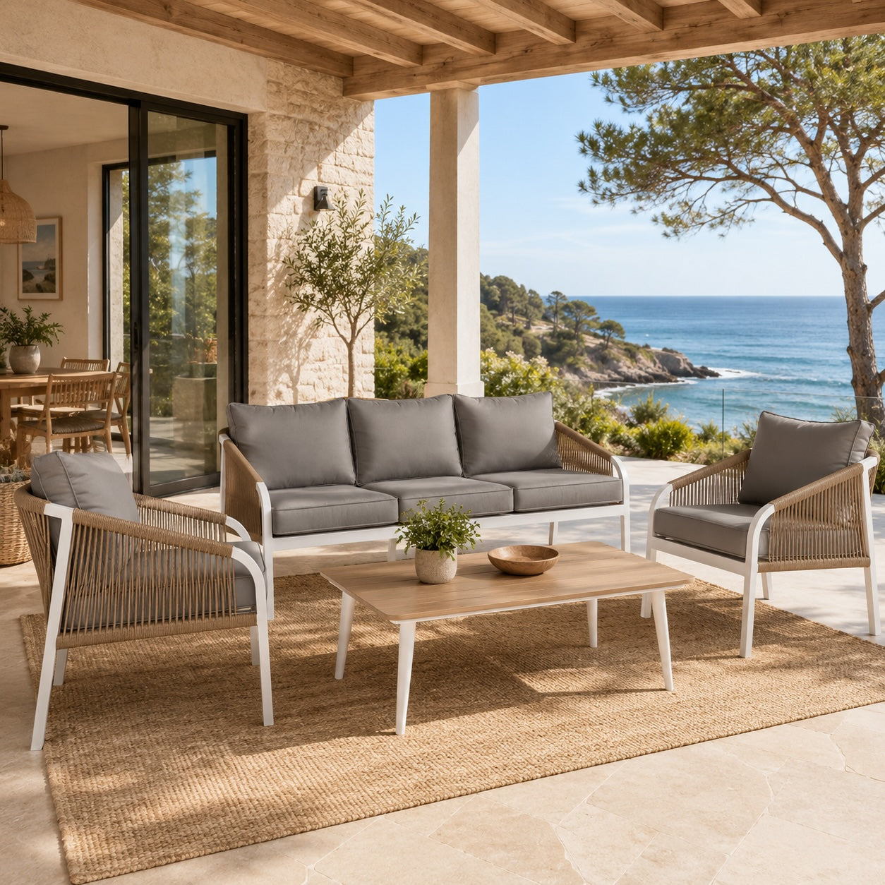 Conjunto Relax Jardín Aluminio y Cuerda. Sofá + 2 Sillones + Mesa