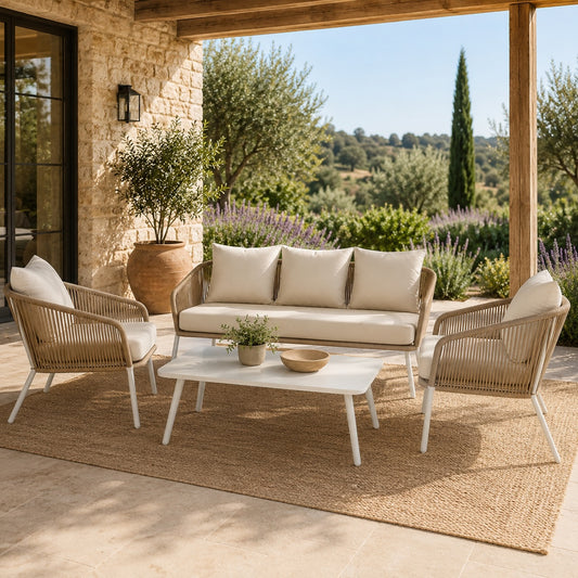 Conjunto Relax Jardín Aluminio y Cuerda Sofá + 2 Sillones + Mesa