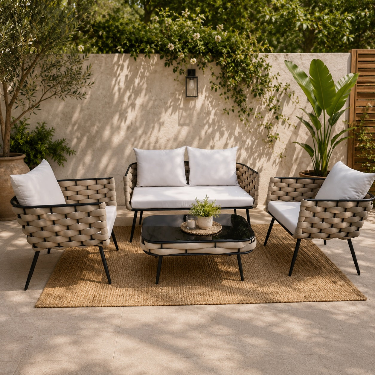 Conjunto Relax Jardín Metal y Cuerda. Sofá 2P + 2 Sillones + Mesa Cristal Negro