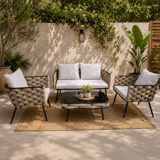 Conjunto Relax Jardín Metal y Cuerda. Sofá 2P + 2 Sillones + Mesa Cristal Negro