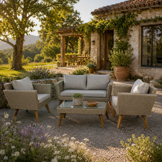 Conjunto Relax Jardín Ratán Sintético Sofá 2P + 2 Sillones + Mesa Cristal