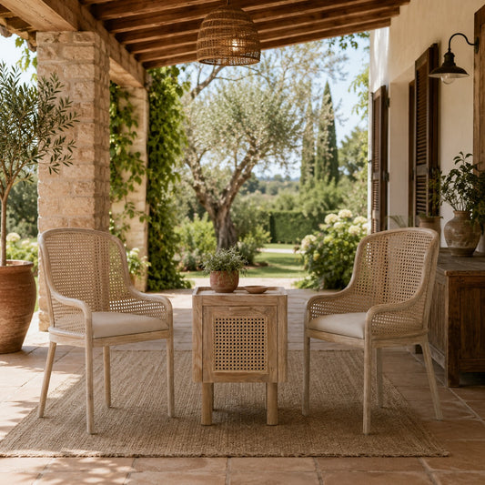 Conjunto Relax Jardín Teca y Ratán Natural 2 Sillas con Cojín + Mesa con Compartimento