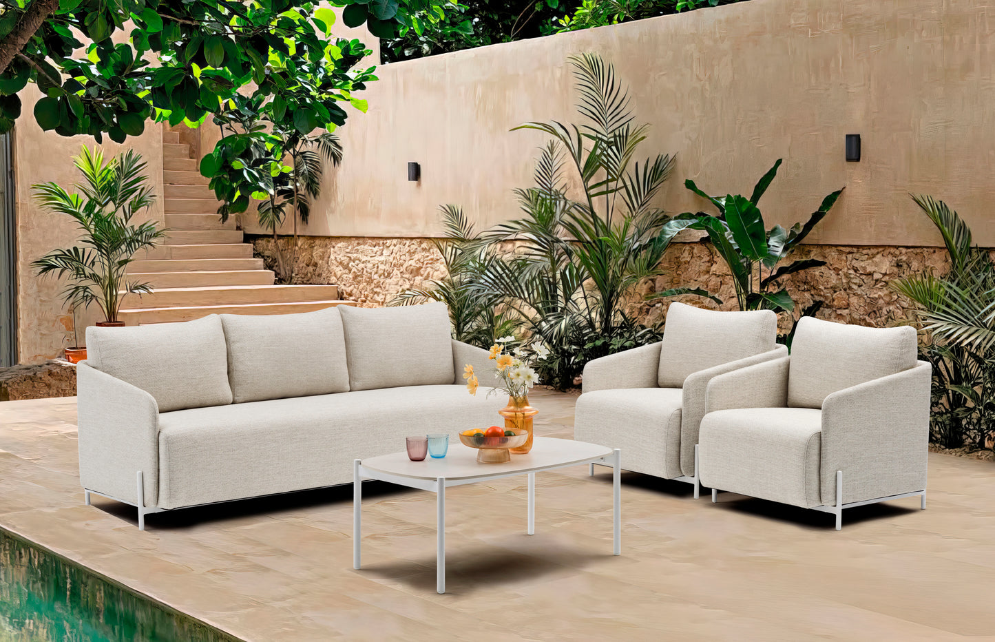 Sofá 1 plaza Corfu aluminio blanco y textil beige.