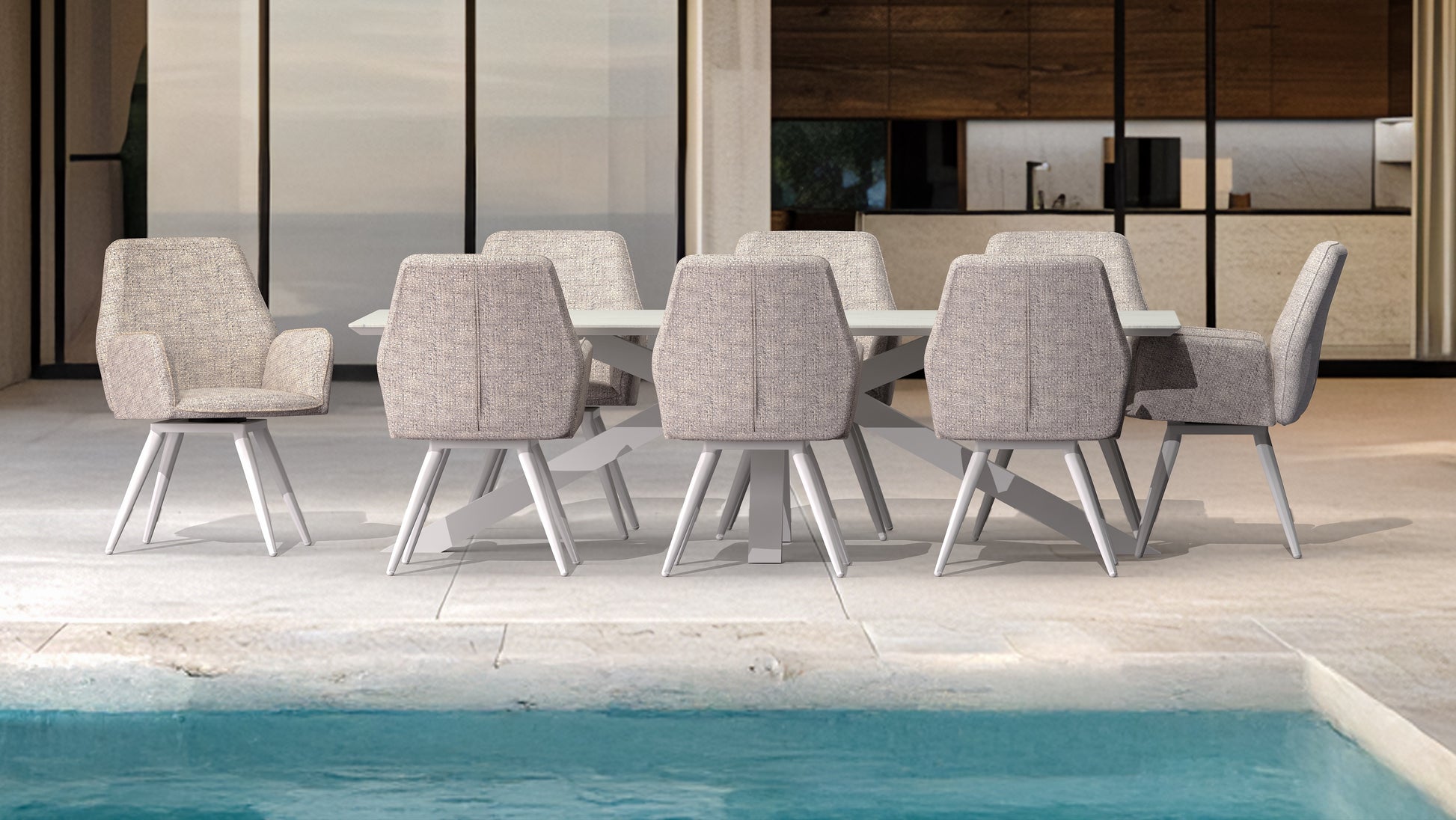 Silla de comedor giratoria Levin aluminio blanco textil beige