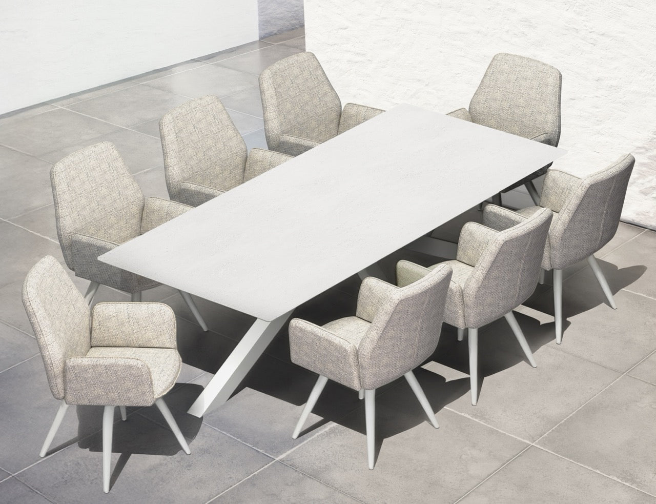 Silla de comedor Eren aluminio blanco textil beige.