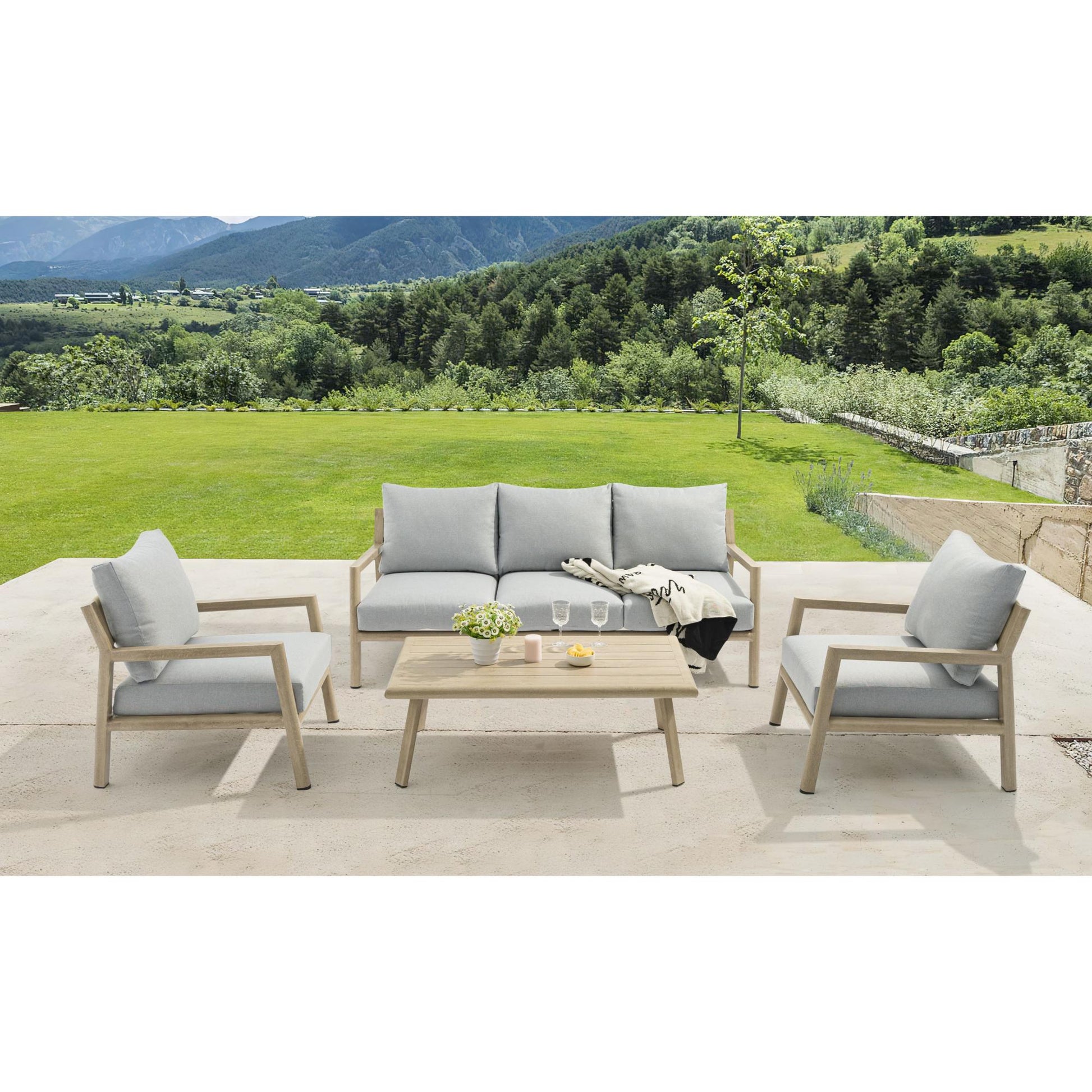 Sofá 3 plazas Harmony aluminio efecto madera y cuerda natural