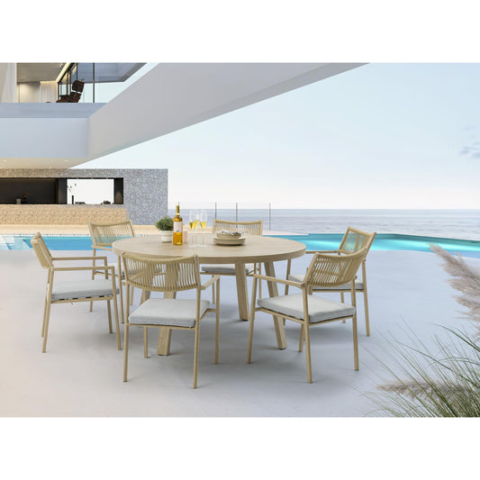 Silla de comedor Harmony aluminio efecto madera y cuerda natural.