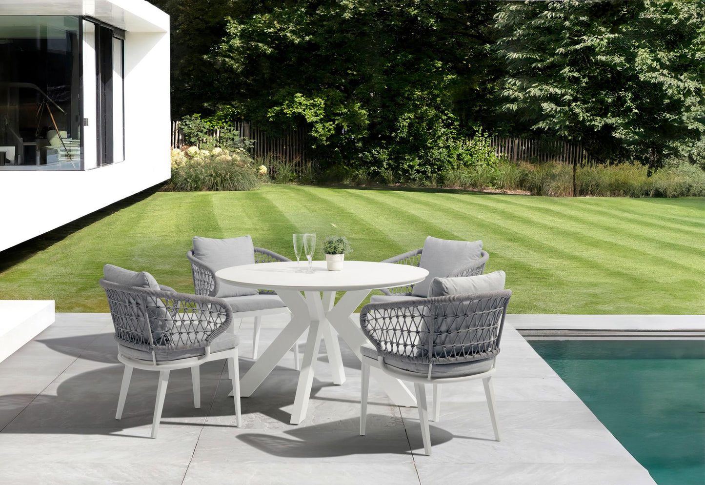 Mesa redonda Bais Ø 120x75 cm aluminio blanco y top mesa porcelánico beige