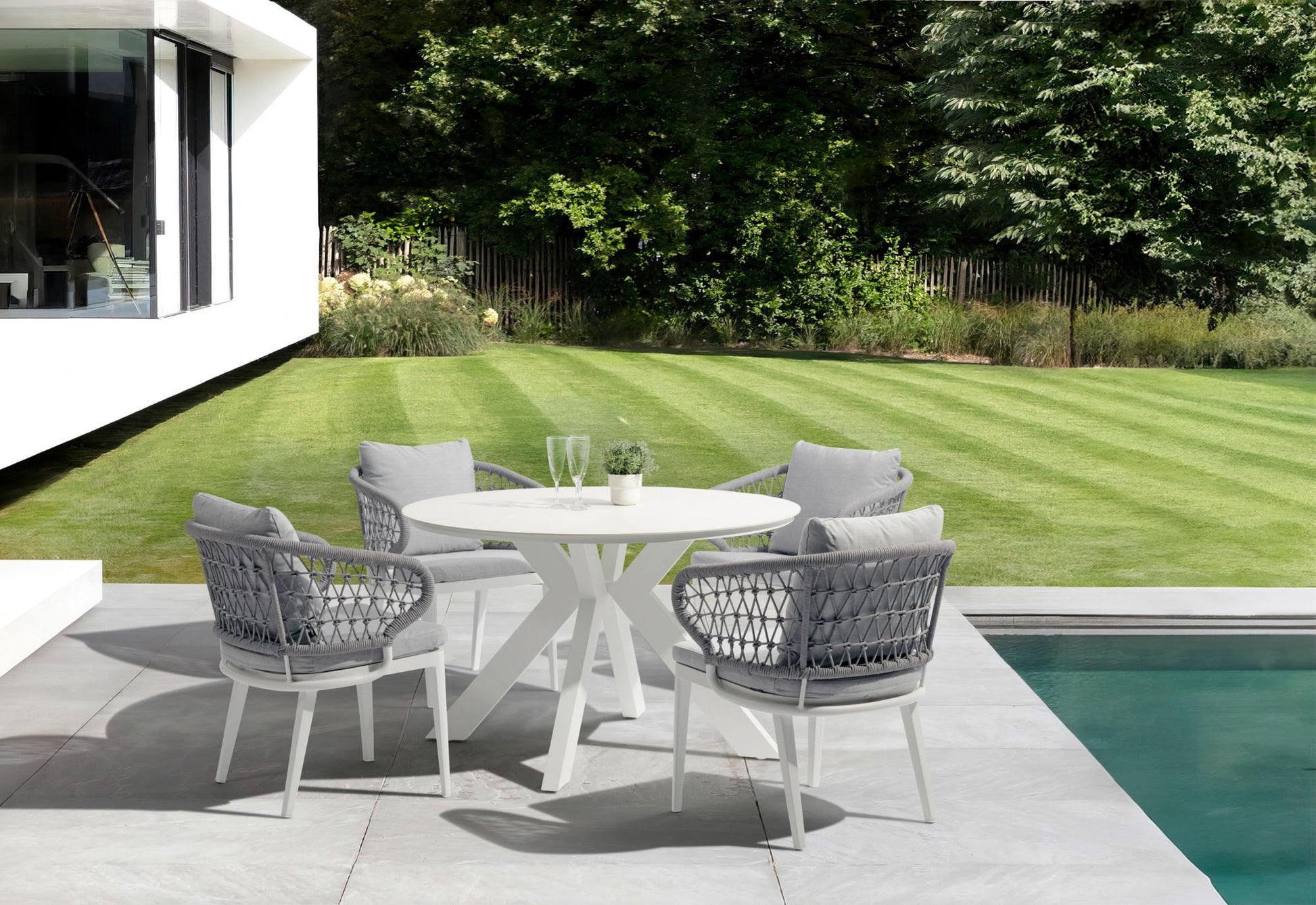 Mesa redonda Bais Ø 120x75 cm aluminio blanco y top mesa porcelánico beige