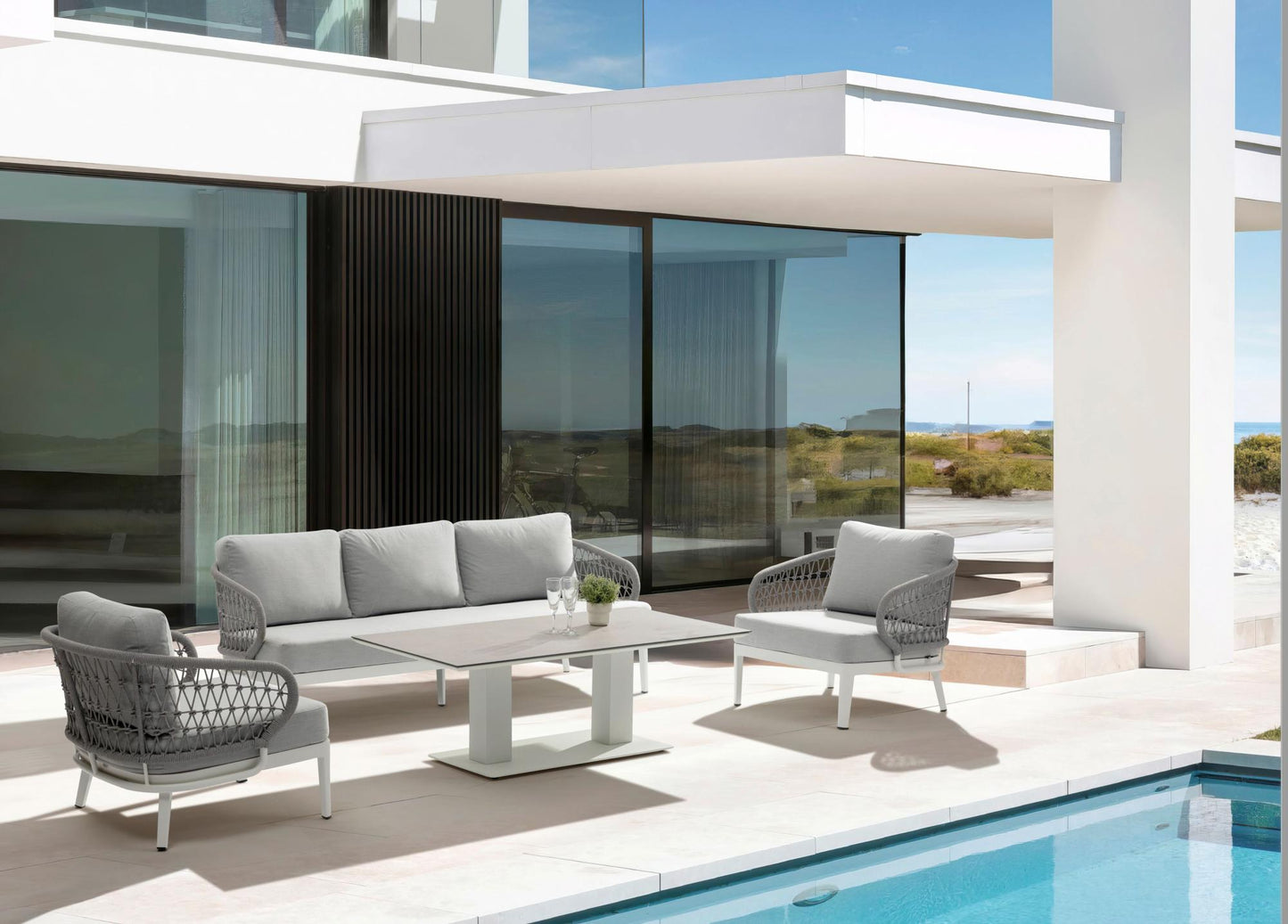 Mesa elevable Isabela 140x75x50/74  aluminio blanco con cristal cerámico gris claro