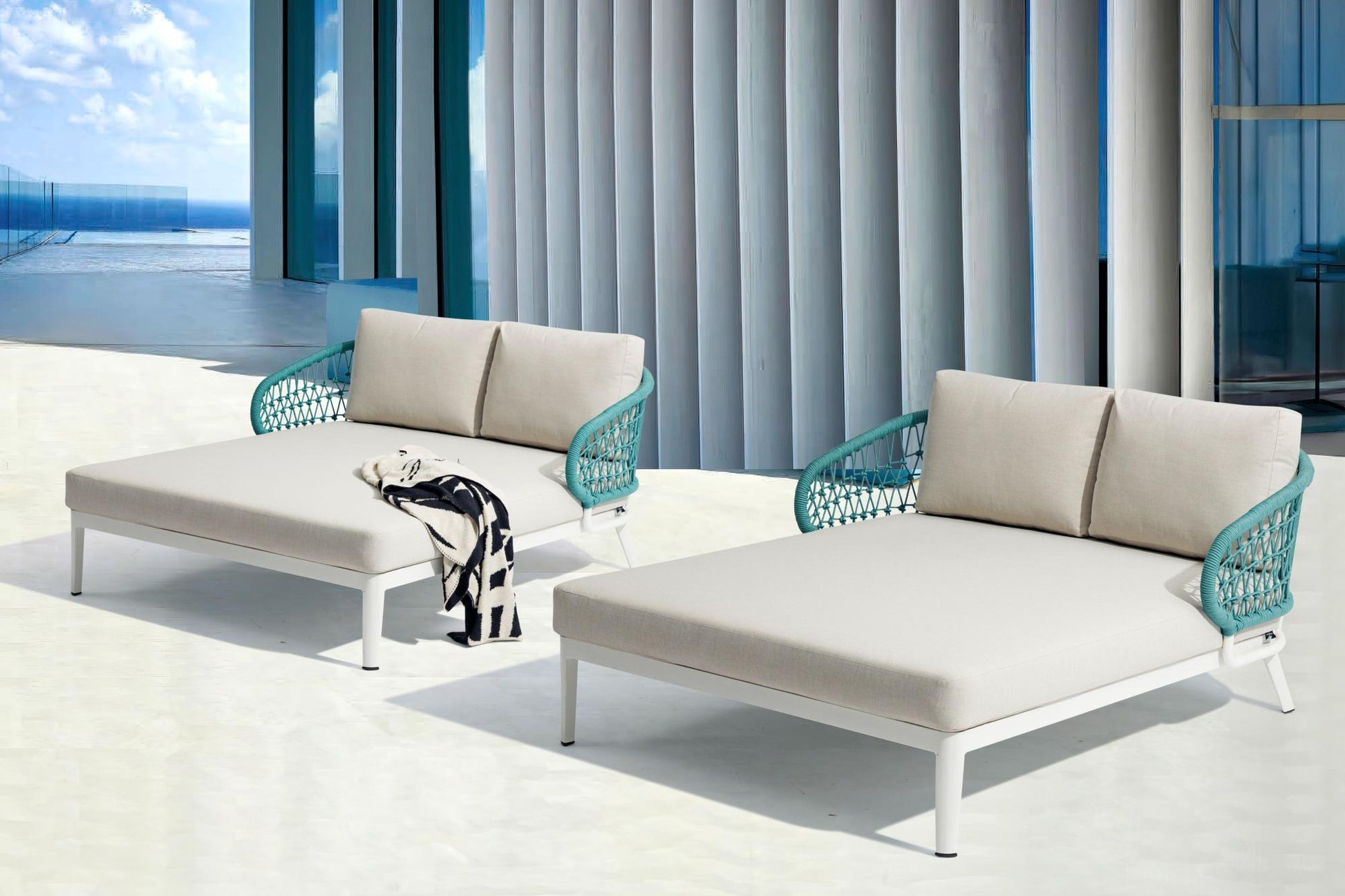 Daybed Isabela aluminio blanco y textil beige y cuerda aqua