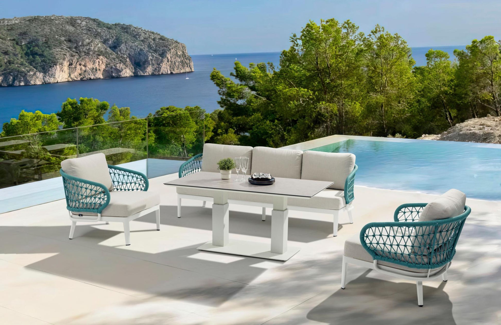 Mesa elevable Isabela 90x90x50/74  aluminio blanco con cristal cerámico gris claro