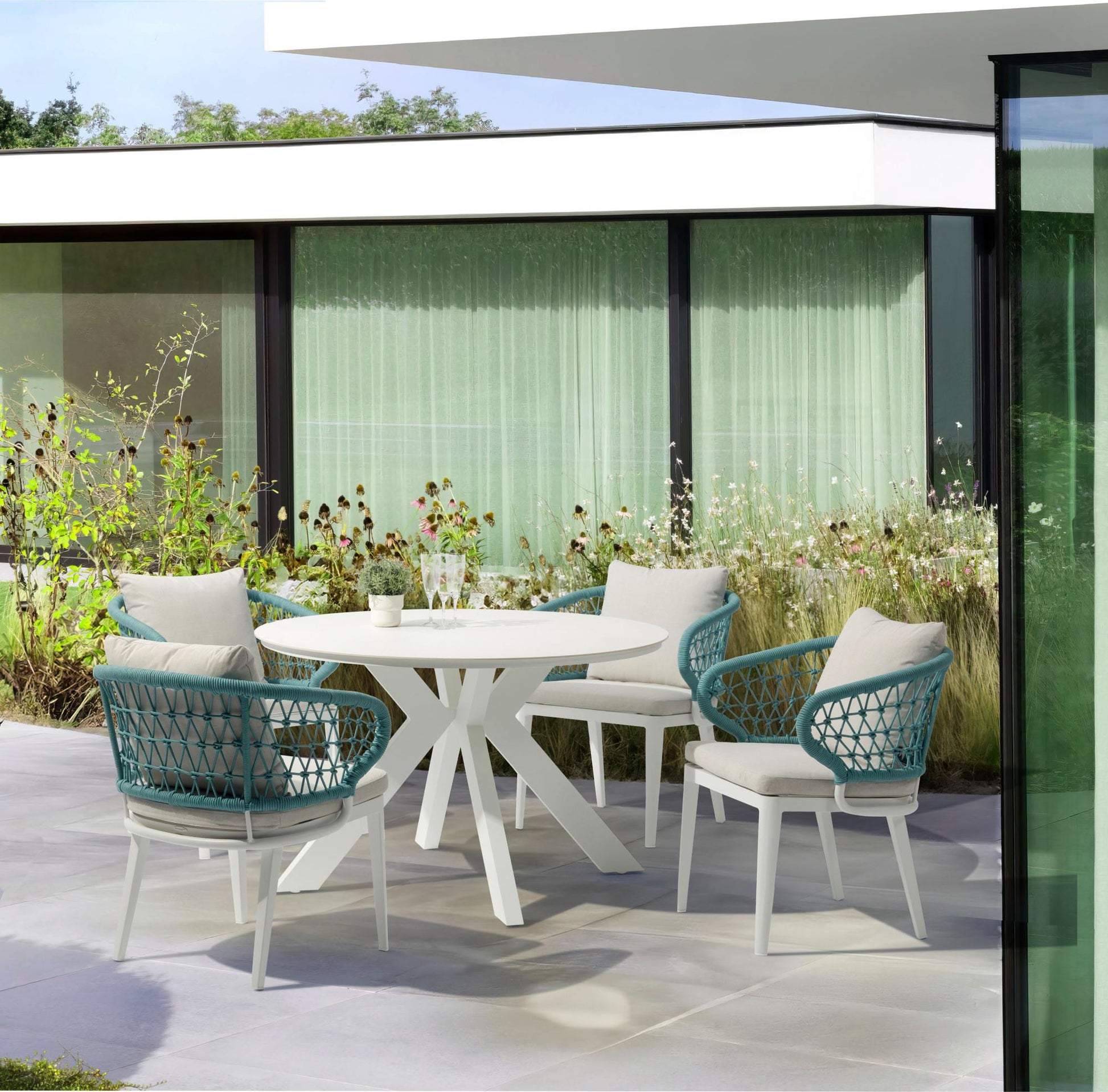 Mesa redonda Bais Ø 120x75 cm aluminio blanco y top mesa porcelánico beige
