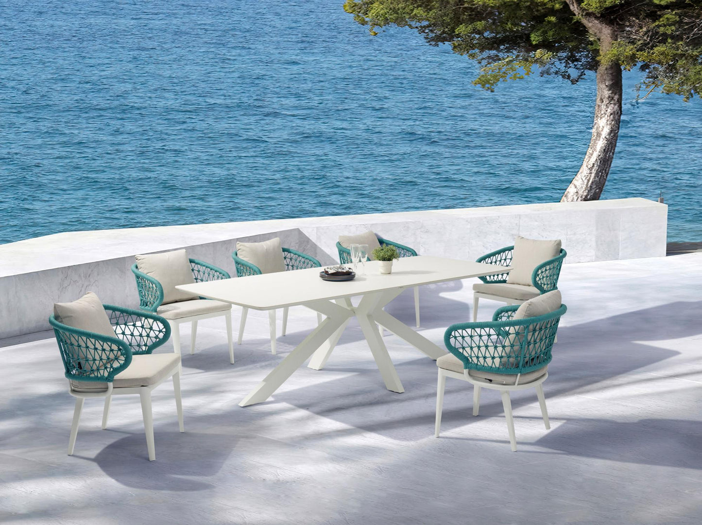 Sillón de comedor Isabela aluminio blanco y textil beige cuerda aqua.