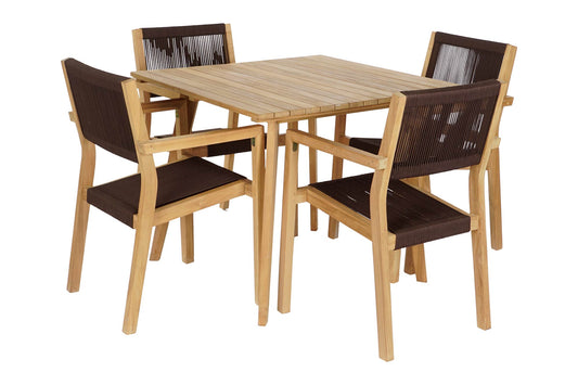 Conjunto Comedor Jardín Teca y Cuerda Mesa 90x90 cm + 4 Sillas