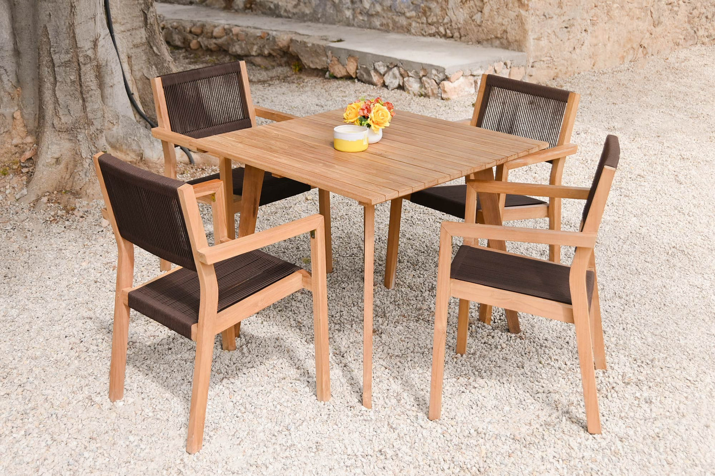 Conjunto Comedor Jardín Teca y Cuerda Mesa 90x90 cm + 4 Sillas