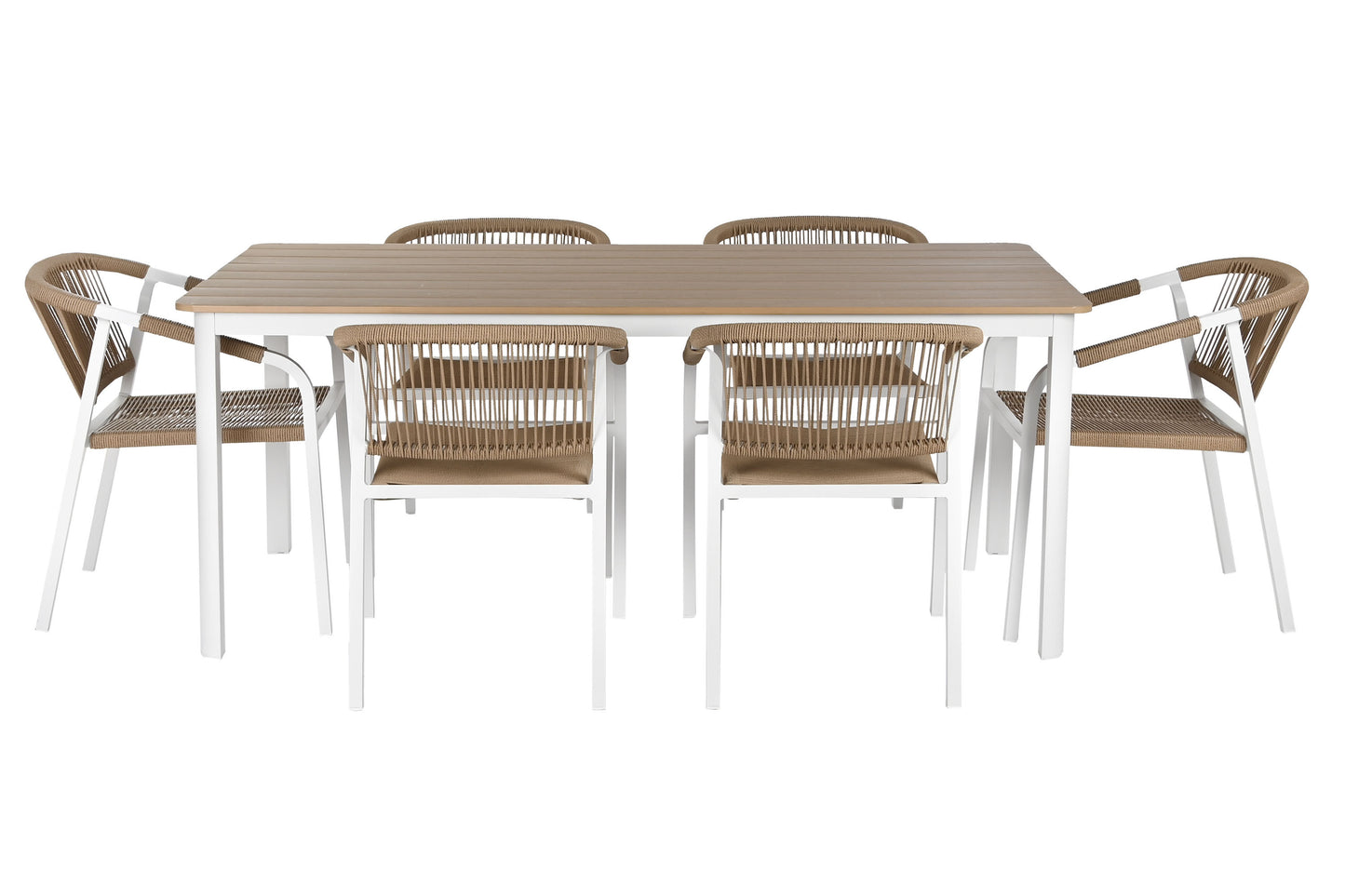 Conjunto Comedor Aluminio y Cuerda de Resina Imitación Madera + 6 Sillas