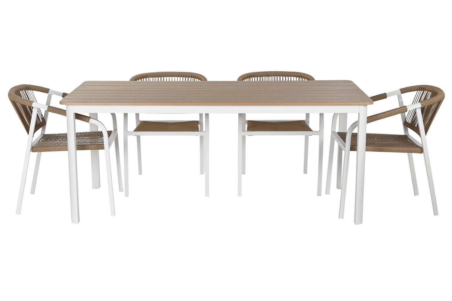 Conjunto Comedor Aluminio y Cuerda de Resina Imitación Madera + 6 Sillas