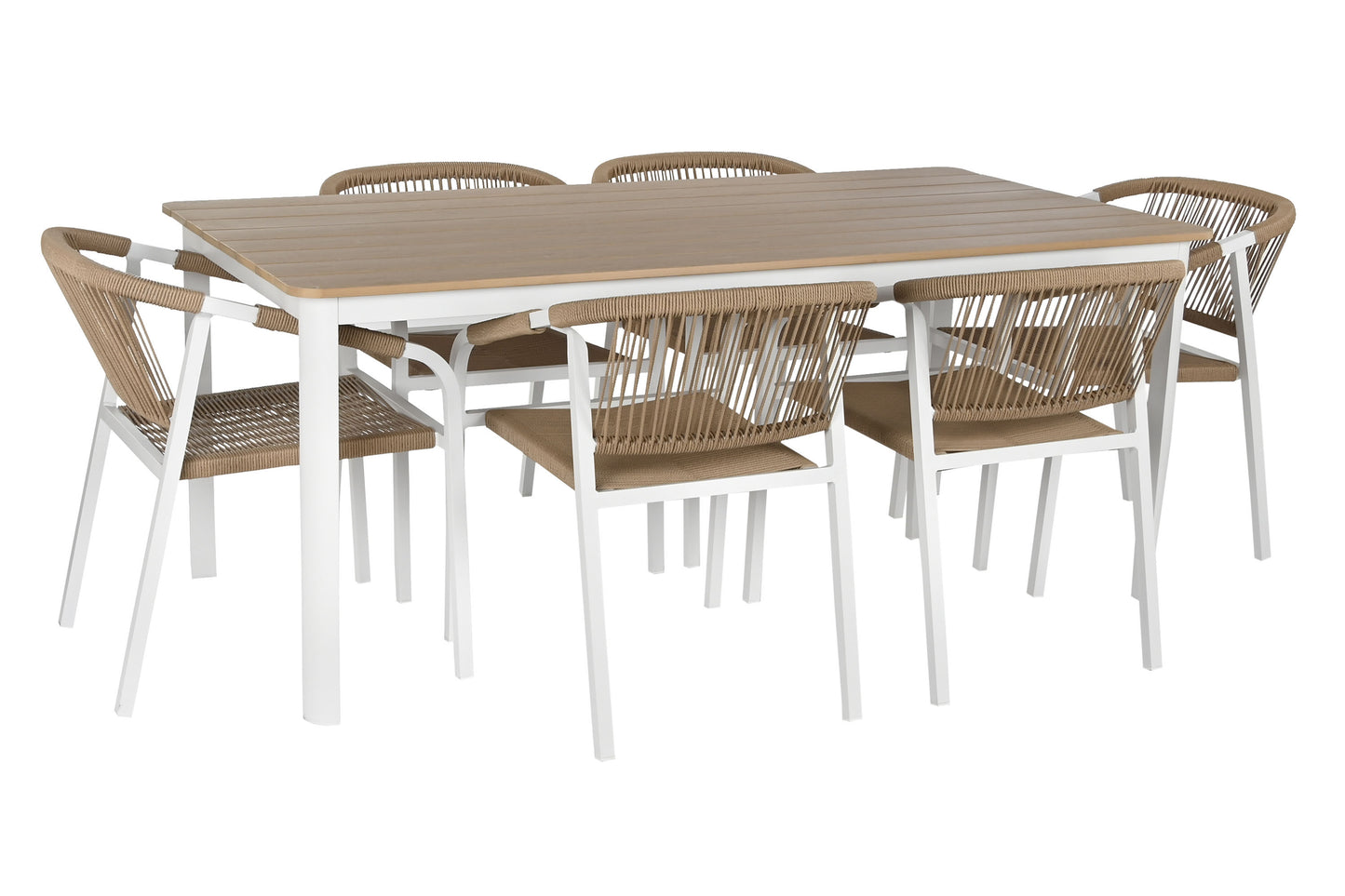 Conjunto Comedor Aluminio y Cuerda de Resina Imitación Madera + 6 Sillas