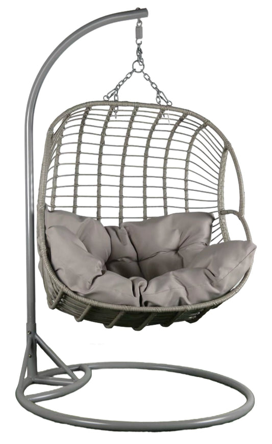 Sillón Colgante 2 Plazas Ratán Sintético Gris con Base y Cojín