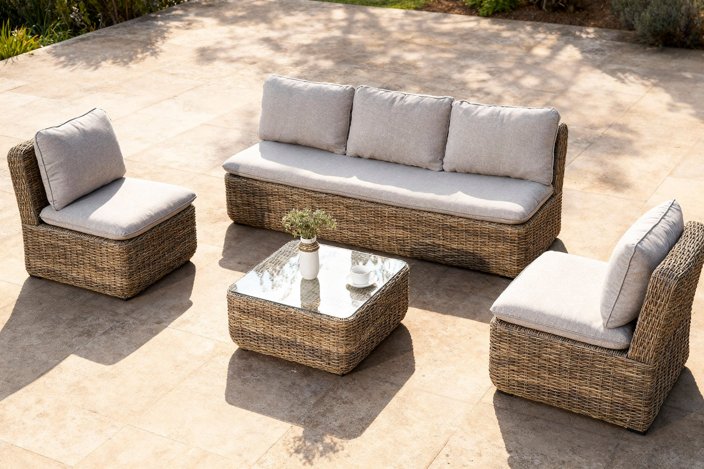 Conjunto de Jardín 4 Piezas Fibra Sintética Artesanal Imitación Natural