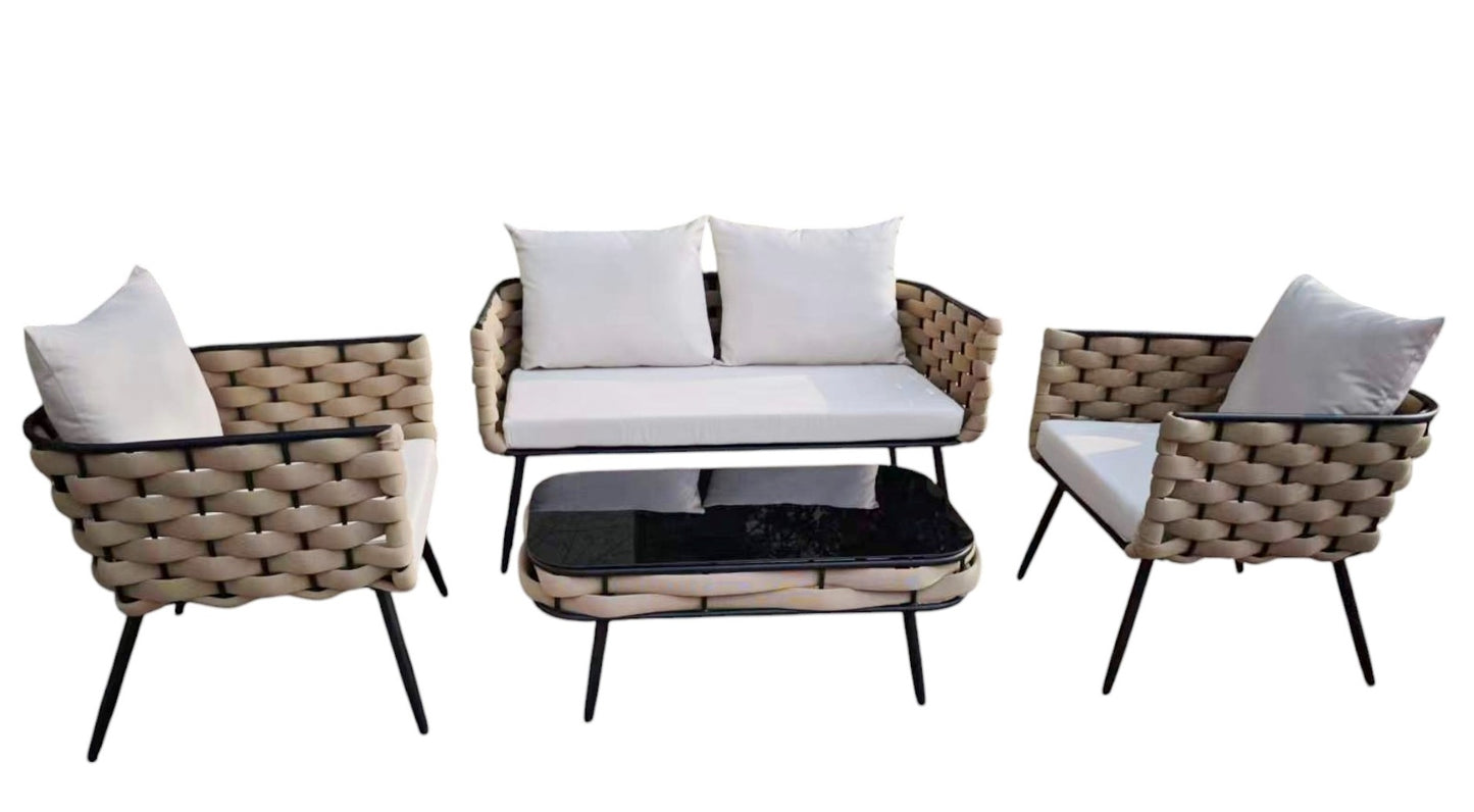 Conjunto Relax Jardín Metal y Cuerda. Sofá 2P + 2 Sillones + Mesa Cristal Negro