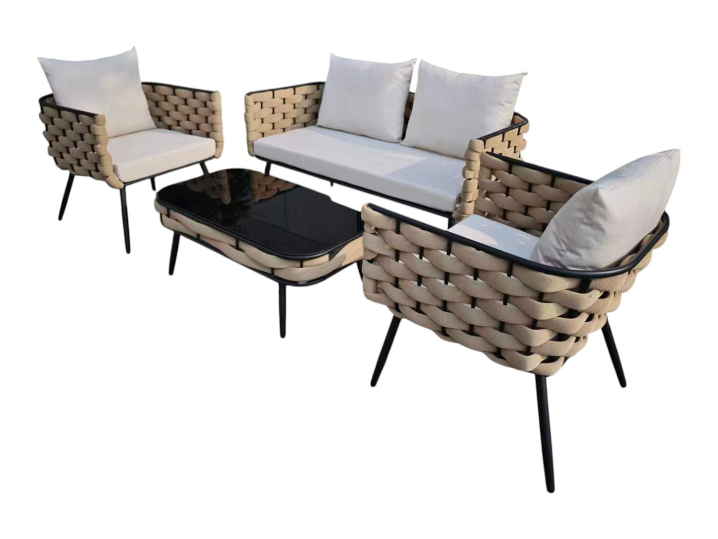 Conjunto Relax Jardín Metal y Cuerda. Sofá 2P + 2 Sillones + Mesa Cristal Negro